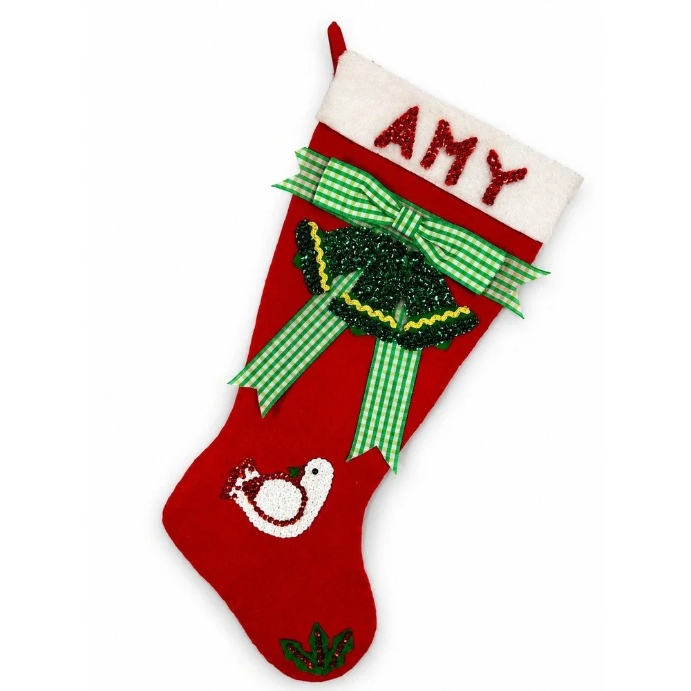 Handmade Christmas Stocking Unisex OS Red Good Sequin Bells Dove Amy Gingham Bow